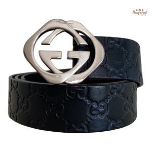 Authentic Gucci Black Monogram Leather Silver Interlocking Square G Belt 100/40